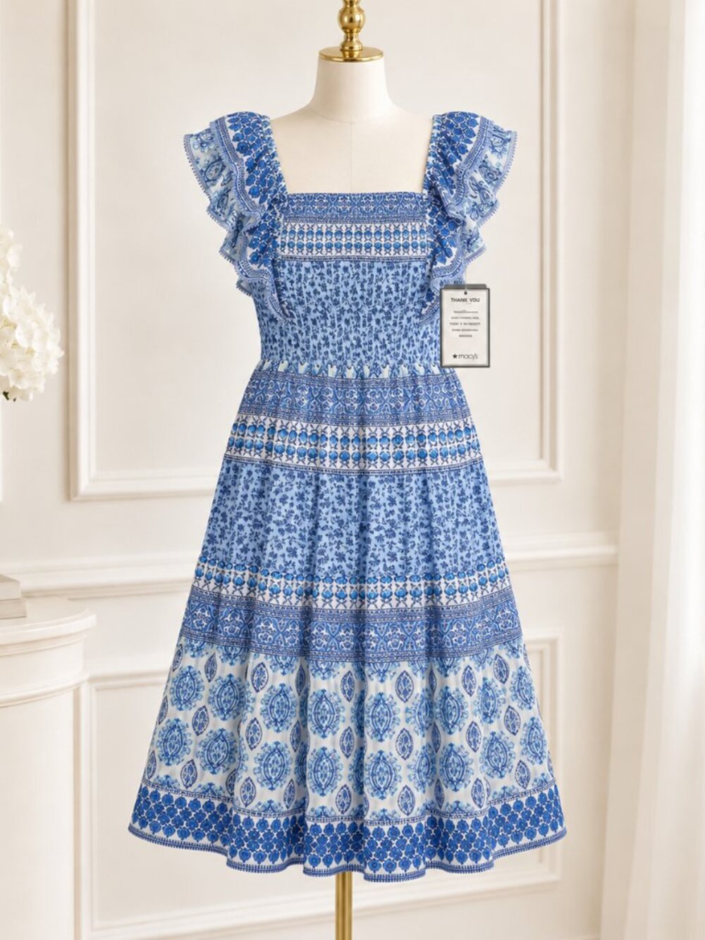 Eliza J Women’s 20W Blue White Floral Smocked Midi Dress Pockets NWT